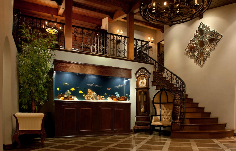 Trang trí bể cá gầm cầu thang bằng cây xanh và ánh đèn led