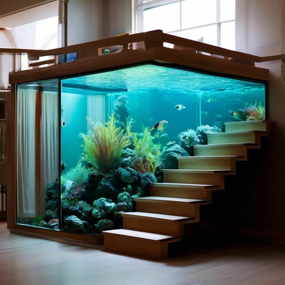 Bể cá kính cường lực ôm sát đường cong cầu thang