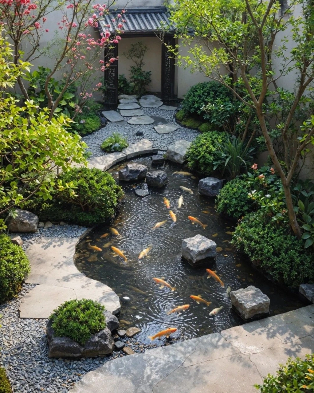 Mẫu hồ cá Koi đẹp mắt với cây xanh nhiệt đới