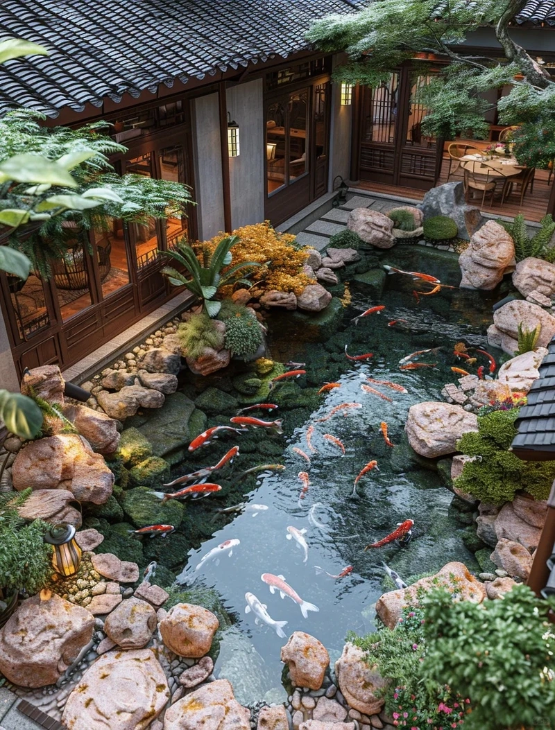 Tiểu cảnh đẹp mắt nhờ hồ cá koi mini tiểu cảnh