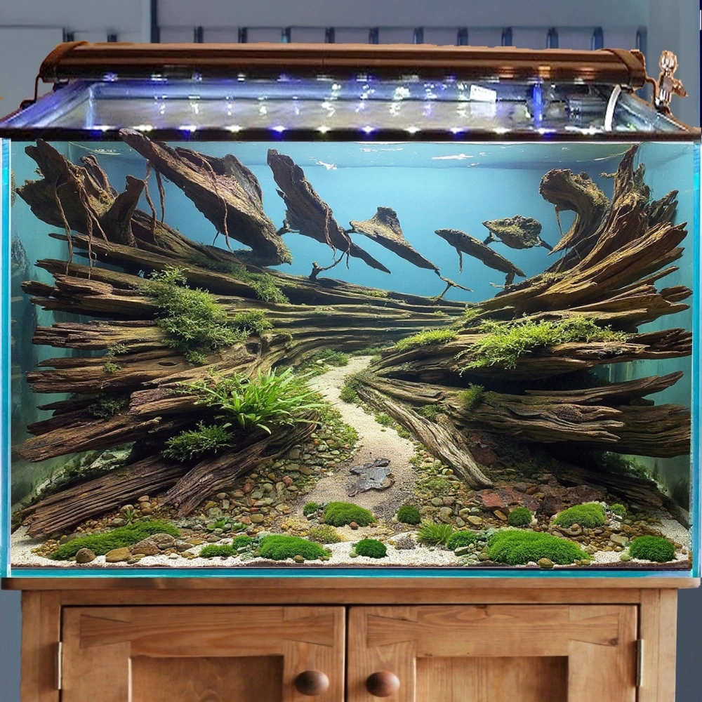 Cận cảnh bộ lũa thủy sinh ghép tỉ mỉ trong bể kính