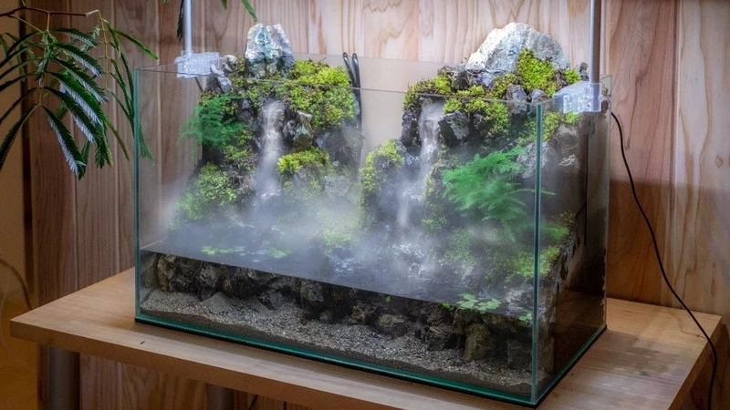Điểm nhấn phòng khách với bể cá thác nước mini phòng khách